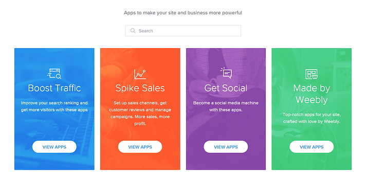 A few colorful categories of apps that you can use to understand how to create a website free of cost with Weebly.