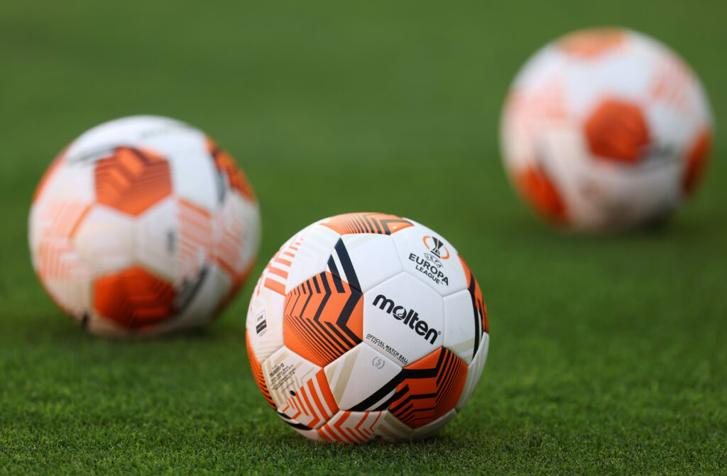 A detailed view of a UEFA Europa League Match Ball during the Rangers FC Training session at Estadio Ramon Sanchez Pizjuan on May 17, 2022 in Seville, Spain. Rangers FC will face Eintracht Frankfurt in the UEFA Europa League final on May 18, 2022