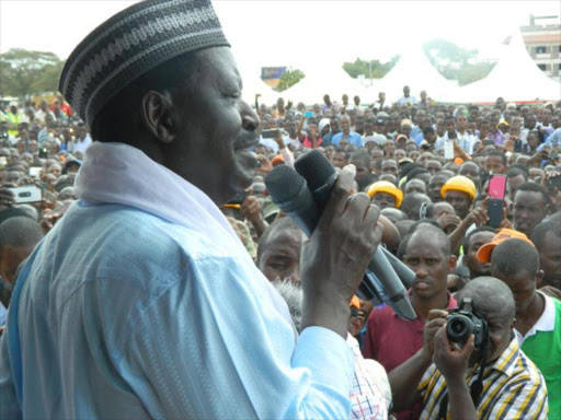 Cord Leader Raila Odinga adressing a crowd at Garissa Primary School play grounds on Saturday, June 4, 2016. Photo/Stephen Astariko