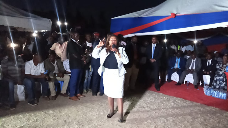 Machakos Governor Wavinya Ndeti addressing the public on East African Portland Cement Company land in Athi River, Machakos County on Wednesday, November 9, 2022