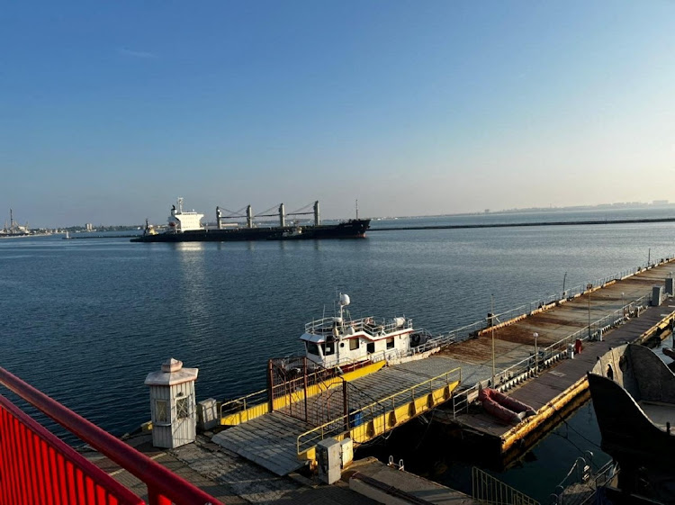 The Panama-flagged bulk carrier Navi-star leaves the sea port in Odesa after restarting grain export, amid Russia's attack on Ukraine on August 5 2022. Picture: UKRAINIAN INFRASTRUCTURE MINISTRY