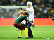 Vincent Aboubakar of Cameroon lifts Hugo Broos in celebration after the Belgian led the Indomitable Lions to the 2017 Africa Cup of Nations glory in Libreville in Gabon. 