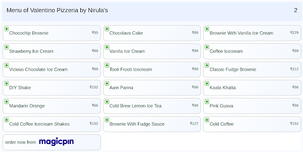Valentino Pizzeria by Nirula's menu 