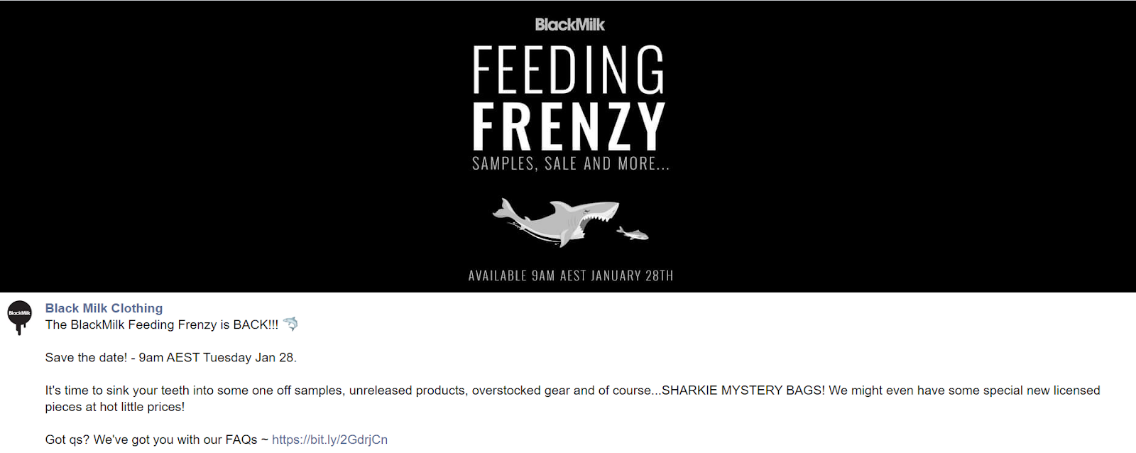 Blackmilk Clothing Facebook post about Feeding Frenzy campaign