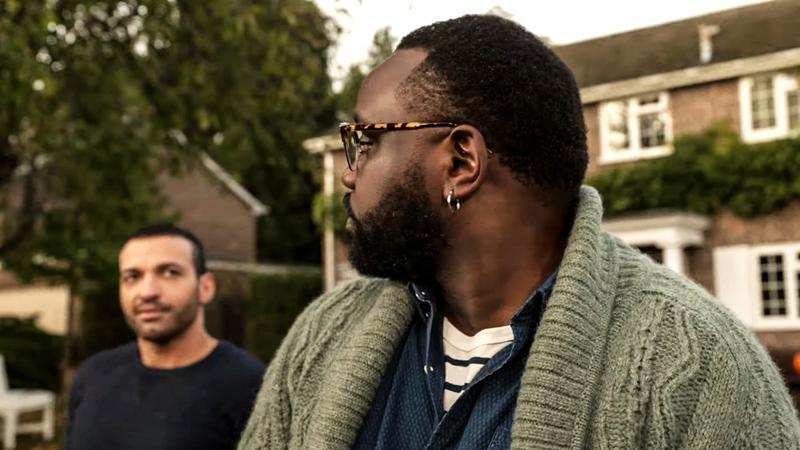 A still from 'Eternals', Bryan Tyree Henry as Phastos and Haaz Sleiman as his husband. 