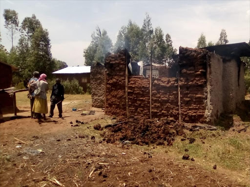 The house of the suspect which that was razed down by angry Kimilili residents at Kamusinde village on Tuesday, February 20, 2019. BRIAN OJAMAA