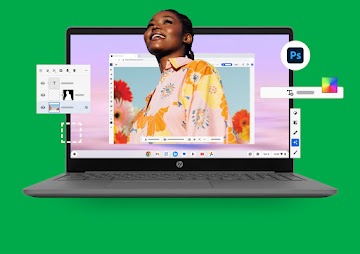 Photo d'une femme portant une chemise rose à fleurs en train d'être modifiée dans Photoshop sur un Chromebook.