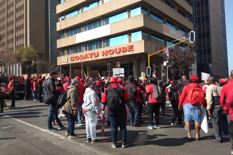 Protesters gather outside Cosatu House in Johannesburg on July 6 2023.