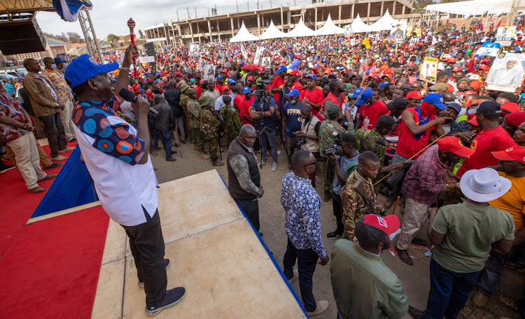 Azimio presidential candidate Raila Odinga speaks to Marsabit residents during a campaign rally on Friday, June 25, 2022.