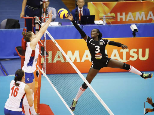 Malkia Strikers' Violet Makuto reaches out for a tap-in during their match against Serbia in the FIVB World Championship in Japan on Sunday, September 30, 2018. Serbia won 3-0. /COURTESY