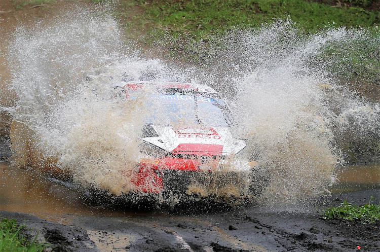 Takamoto Katsuta and Aaron Johnston driving Toyota GR Yaris wade through a river at Soysambu competitive section during the World Rally Championship in Naivasha. June 25, 2022. Jack Owuor