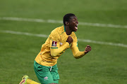 Bongokuhle Hlongwane celebrates after scoring Bafana Bafana's lone strike against Ghana in a 2022 Fifa World Cup qualifier at FNB Stadium on September 6 2021 in Johannesburg.