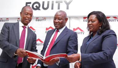 Equity Group Managing Director and CEO Dr. James Mwangi (centre), Equity Group Board Chair Prof Isaac Macharia (left) and Equity Group Executive Director Mary Wamae (right) go over the Full Year 2021 Financial Results.