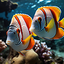 Two fish swim near a colorful coral reef