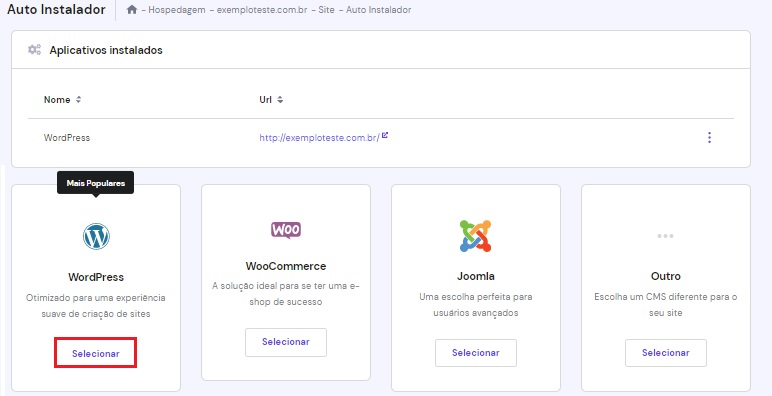 Destaque para o botão de seleção do WordPress como CMS para instalação no novo subdomínio 