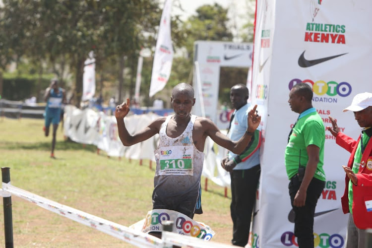 Sebastian Kimaru crosses the finish line in the men's 10km race at the National Trials held at the Prisons Staff Training College in Ruiru