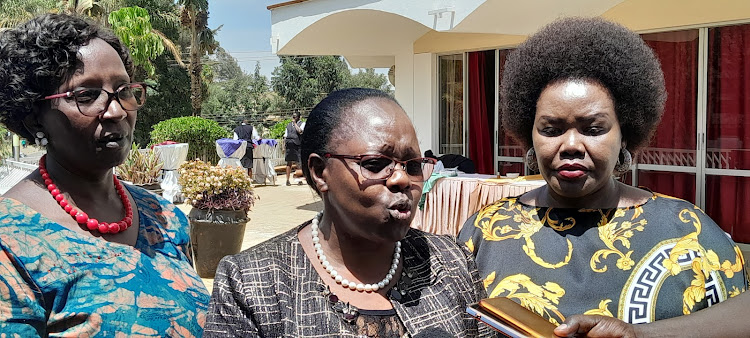 former MP Linah Kilimo, Deputy Governor for Nandi Dr Yulita Mitei and her Trans Nzoia counterpart Philomena Kapkory after a meeting in Eldoret.