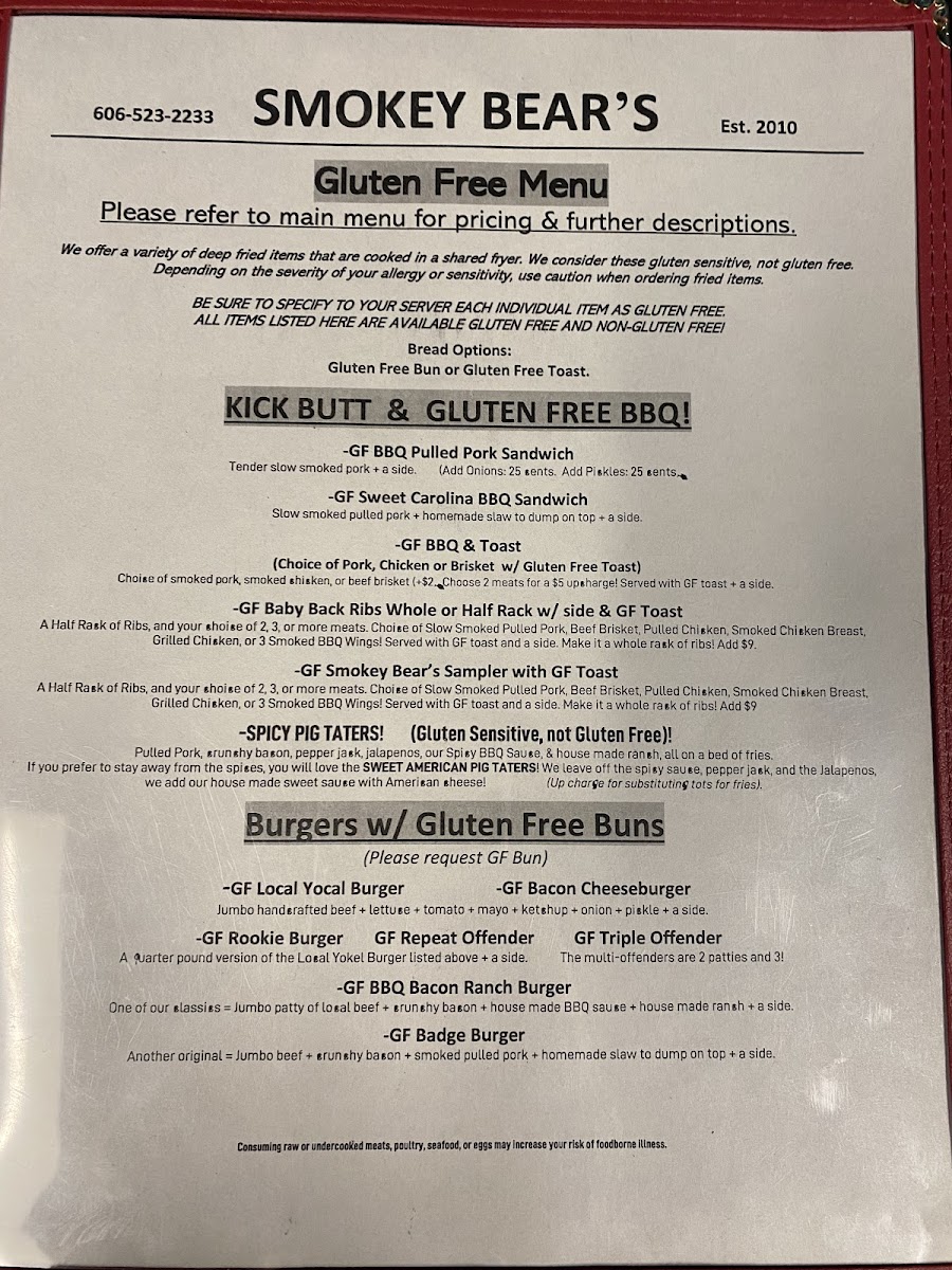 Smokey Bear's BBQ & Grill gluten-free menu