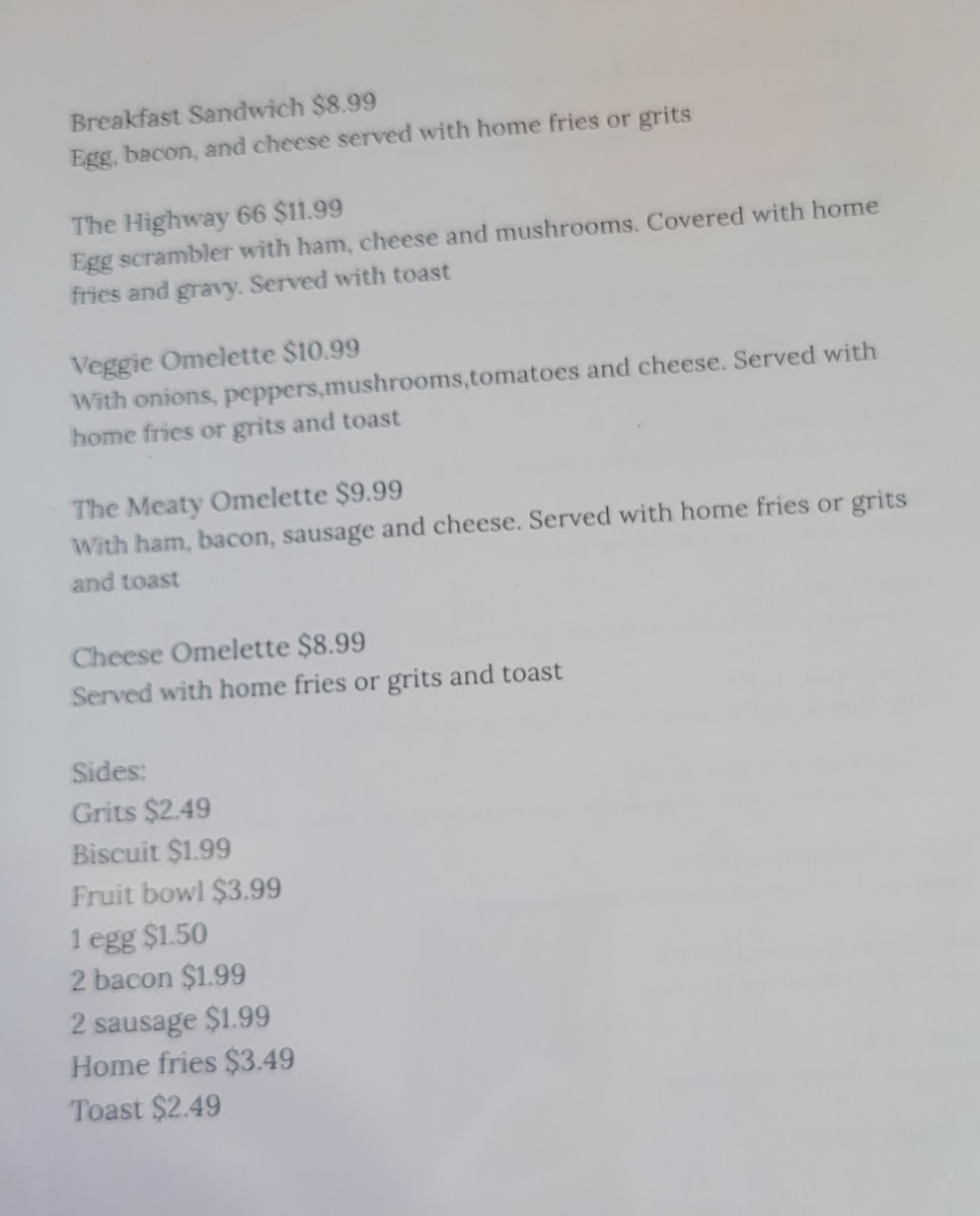 Route 66 Diner gluten-free menu