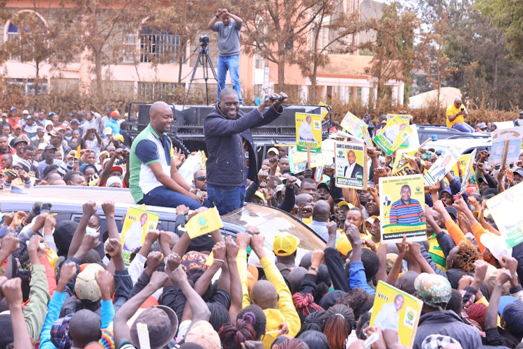 Nairobi UDA governor candidate Johnson Sakaja addressing supporters during a campaign rally on Wednesday, July 27,2022.