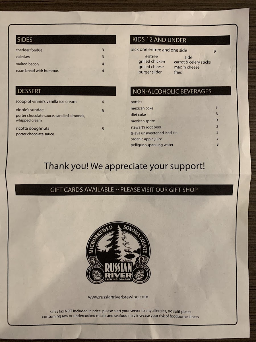 Russian River Brewing Company gluten-free menu