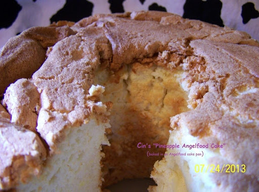 Cin's pineapple angelfood cake baked in an angelfood cake pan, instead of the sheet cake pan this time (photo by: CinStraw)