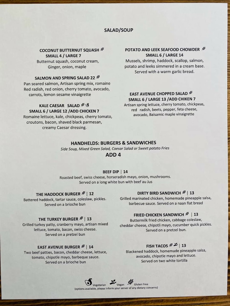 East Avenue gluten-free menu