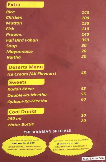 The Arabian Mandi menu 