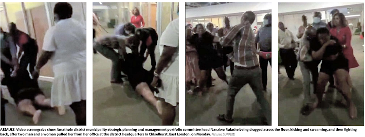 Video screengrabs show Amathole district municipality strategic planning and management portfolio committee head Nanziwe Rulashe being dragged across the floor, kicking and screaming, and then fighting back, after two men and a woman pulled her from her office at the district headquarters in Chiselhurst, East London, on Monday.