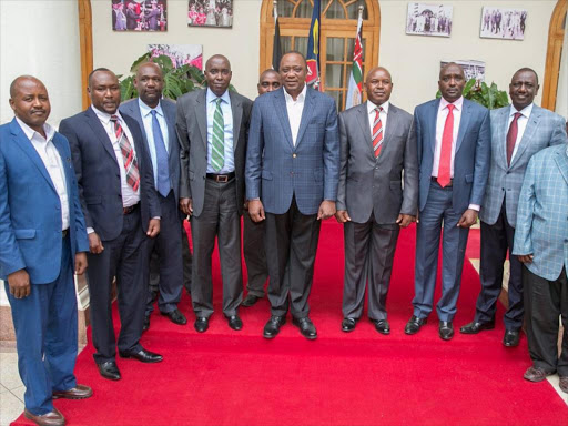 President Uhuru Kenyatta receiving former Kajiado Governor David Nkedianye and other leaders at State House, Nairobi, October 12, 2017. /PSCU