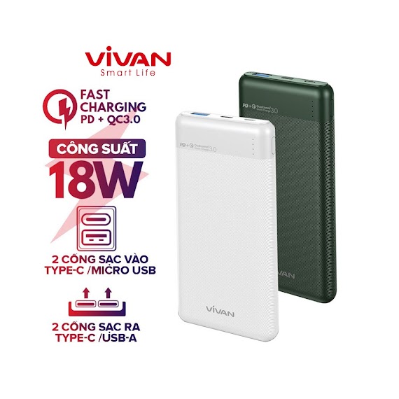 [Mã Elmall5 Giảm 5% Đơn 300K] Pin Sạc Dự Phòng Chính Hãng 10000Mah Vivan Vpb - M10 Sạc Nhanh Chuẩn Pd/Qc3.0 18W