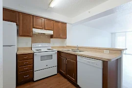 Kitchen with white appliances, wooden cabinets, and a double sink.