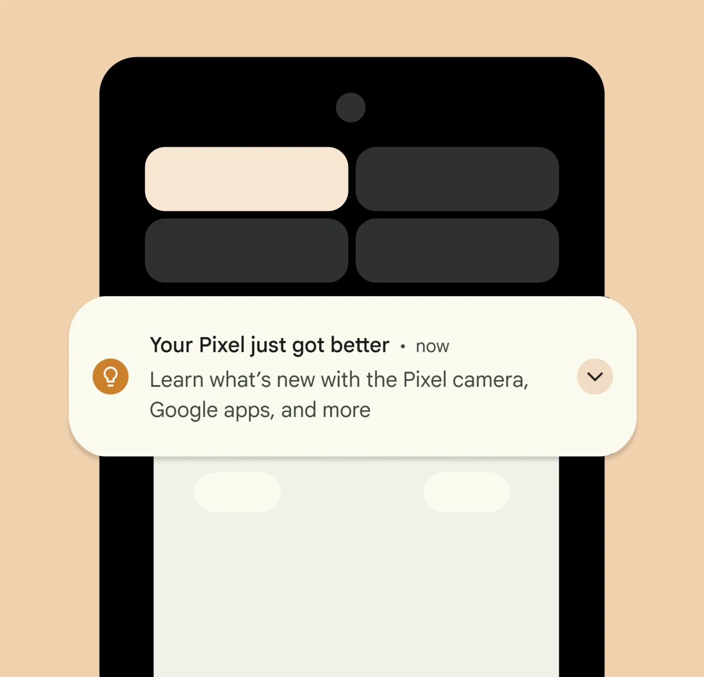 An update alert that says, "Your Pixel just got better. Learn what's new with the Pixel camera, Google apps, and more"