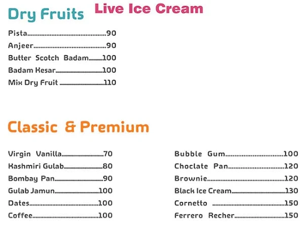 Tak Tak Live Ice Creams menu 