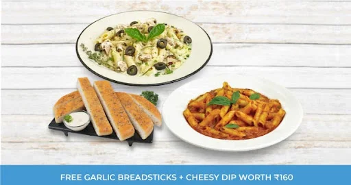 Any 2 Pastas [FREE Garlic Breadsticks + Cheesy Dip]