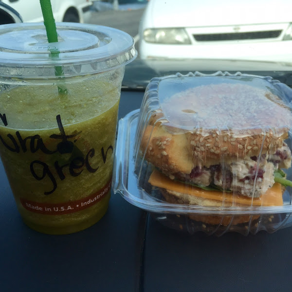 Breakfast! Green smoothie and gf chicken salad! Yum!