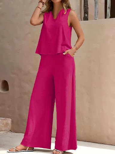 Title 2, Solid Color Summer Slacks Suit, V-neck Vest And...
