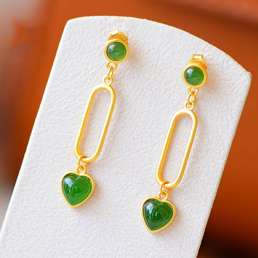 Title 3, Natural Stone Green Heart-shaped Dangle Earring...