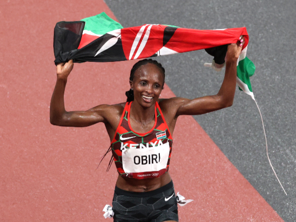 Hellen Obiri celebrates her silver in women's 5000m in Tokyo