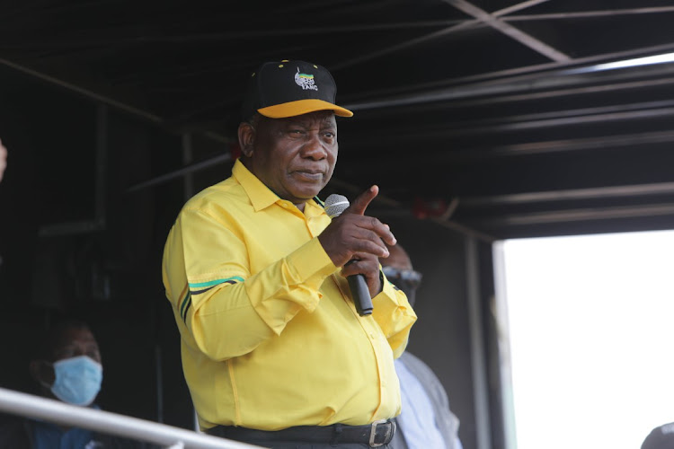 ANC president Cyril Ramaphosa speaks to residents in Ivory Park, Midrand, during a rally on October 31 2021 ahead of the local government elections.