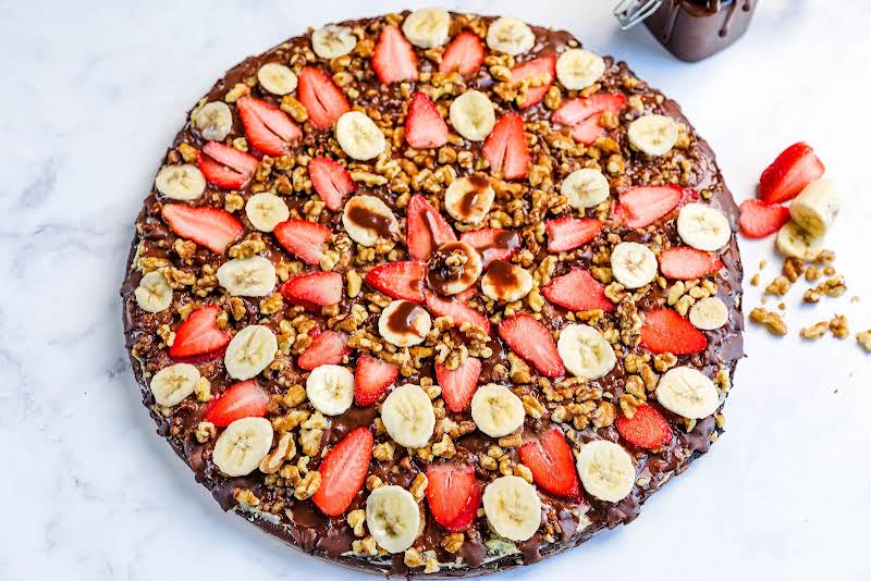 Banana Split Brownie Pizza Ready To Be Sliced.