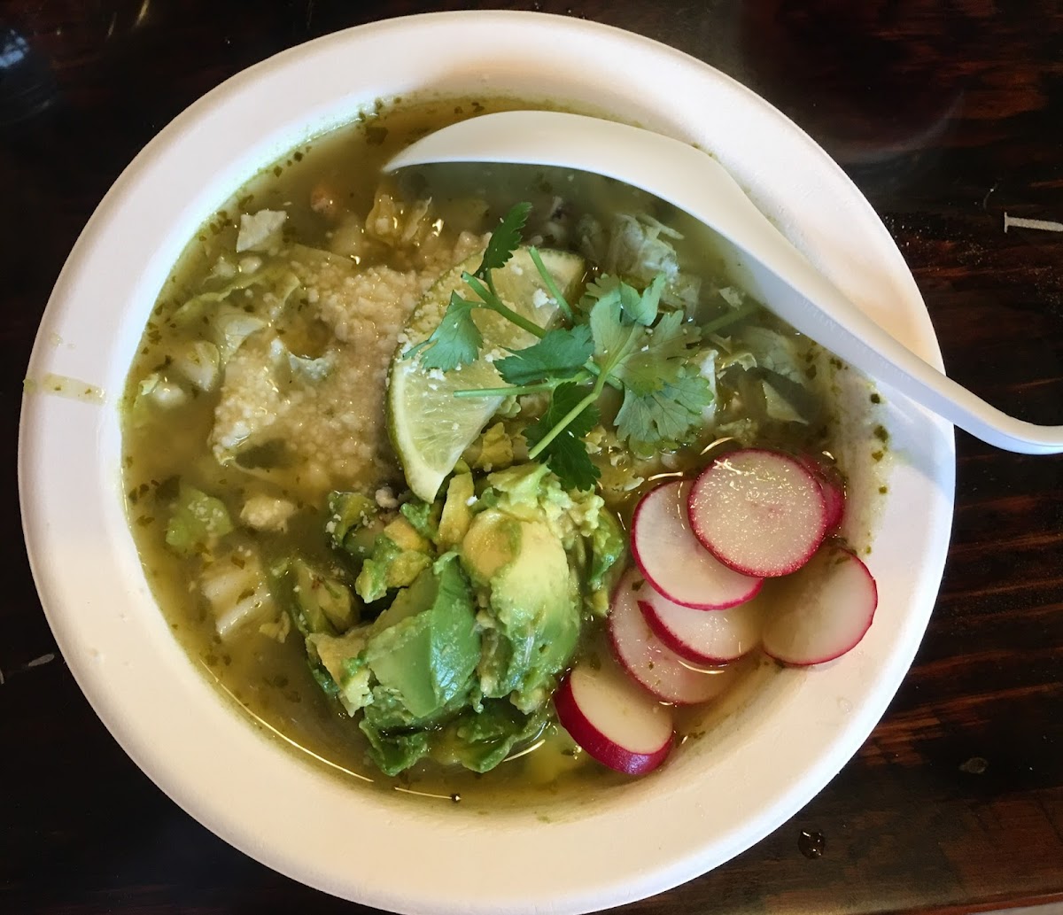 Chicken Verde Pazole Soup. You need to ask for this gluten free because there are two versions of it. This is the small bowl and it is quite generous for a small.