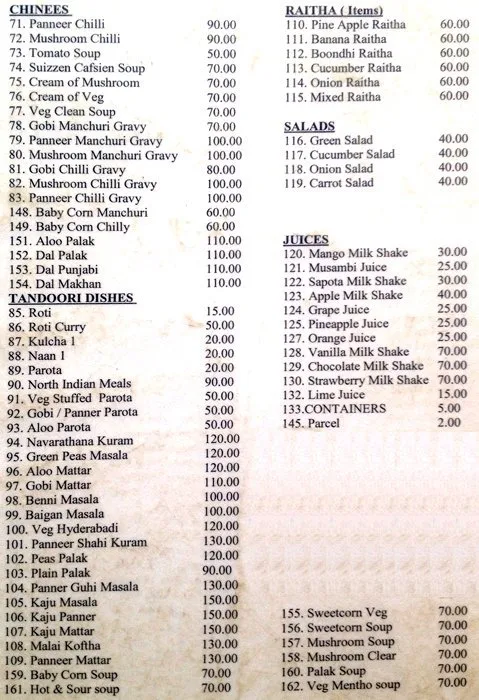 Raghavendra Bhavan menu 