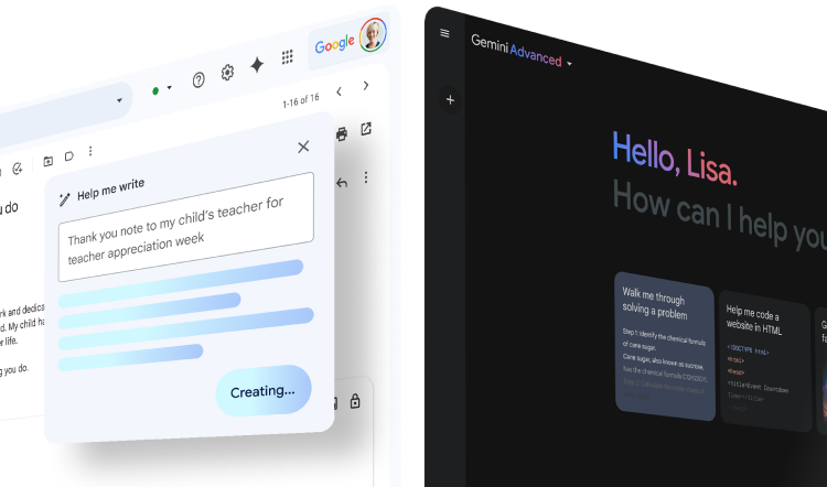 To computerskærme: Den venstre viser Gemini, der arbejder i Gmail og hjælper brugeren med at skrive en takkebesked. Den højre viser startsiden for Gemini Advanced.