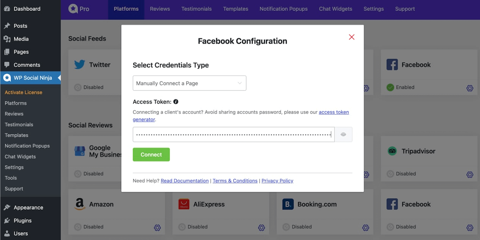 Enter the Facebook Access token code & Connect