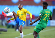 Thapelo Morena of Mamelodi Sundowns challenged by Sbonelo Ngubane of Baroka during the DStv Premiership 2021/22 match between Mamelodi Sundowns and Baroka at Loftus Versfeld Stadium.