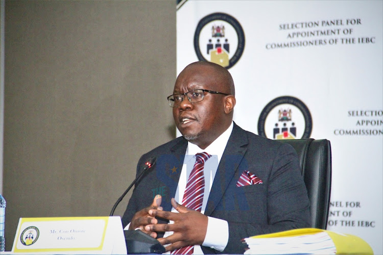 IEBC nominee Con Omore Osendo before the selection panel for appointment of commissioners of IEBC for interview at KICC on July.9th.2021/EZEKIEL AMING'A