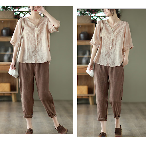 Title 13, Fine Ramie Embroidered Womens V-Neck Lace Pull...
