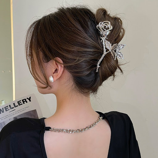 Title 2, French Niche Design Silver Metal Rose Grip Hair...