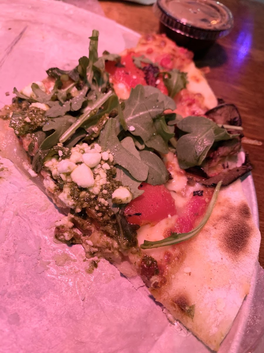 Eggplant, goat cheese, arugula pizza- gf crust